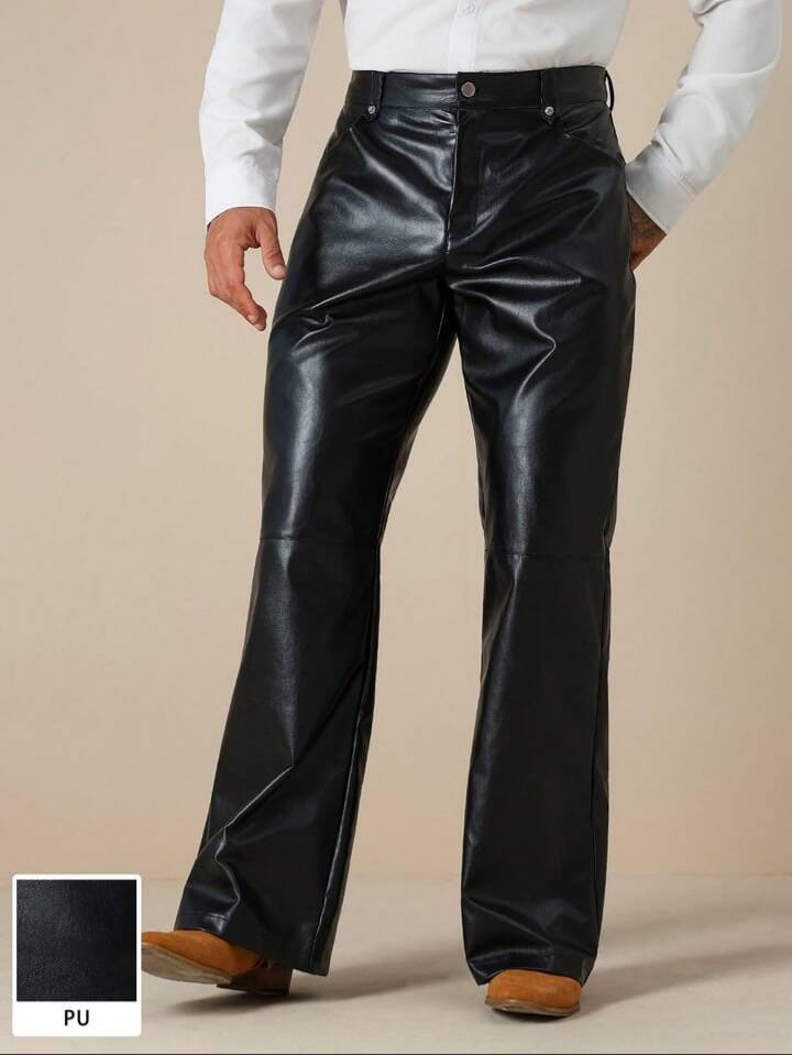 Men's Loose Straight Casual Solid Color Leather Trousers